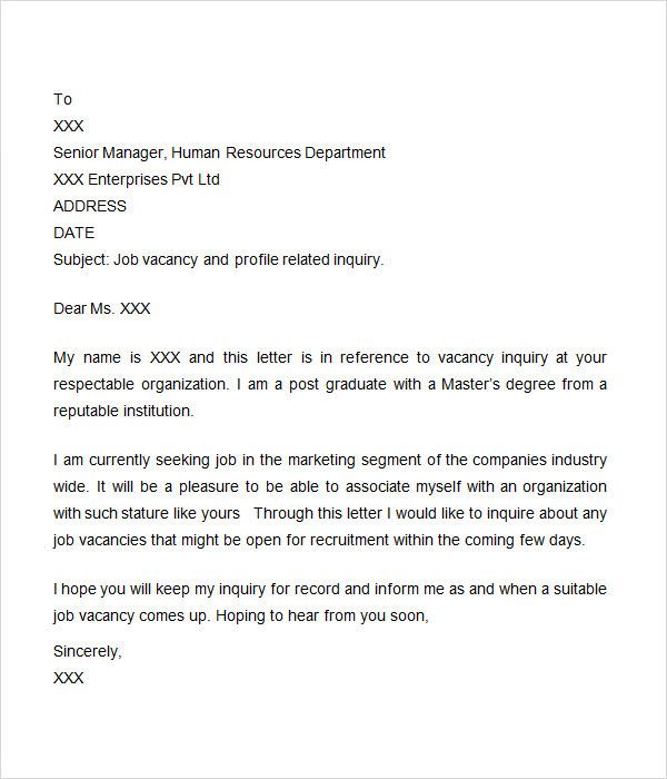 Example Of Letter Inquiry For Job