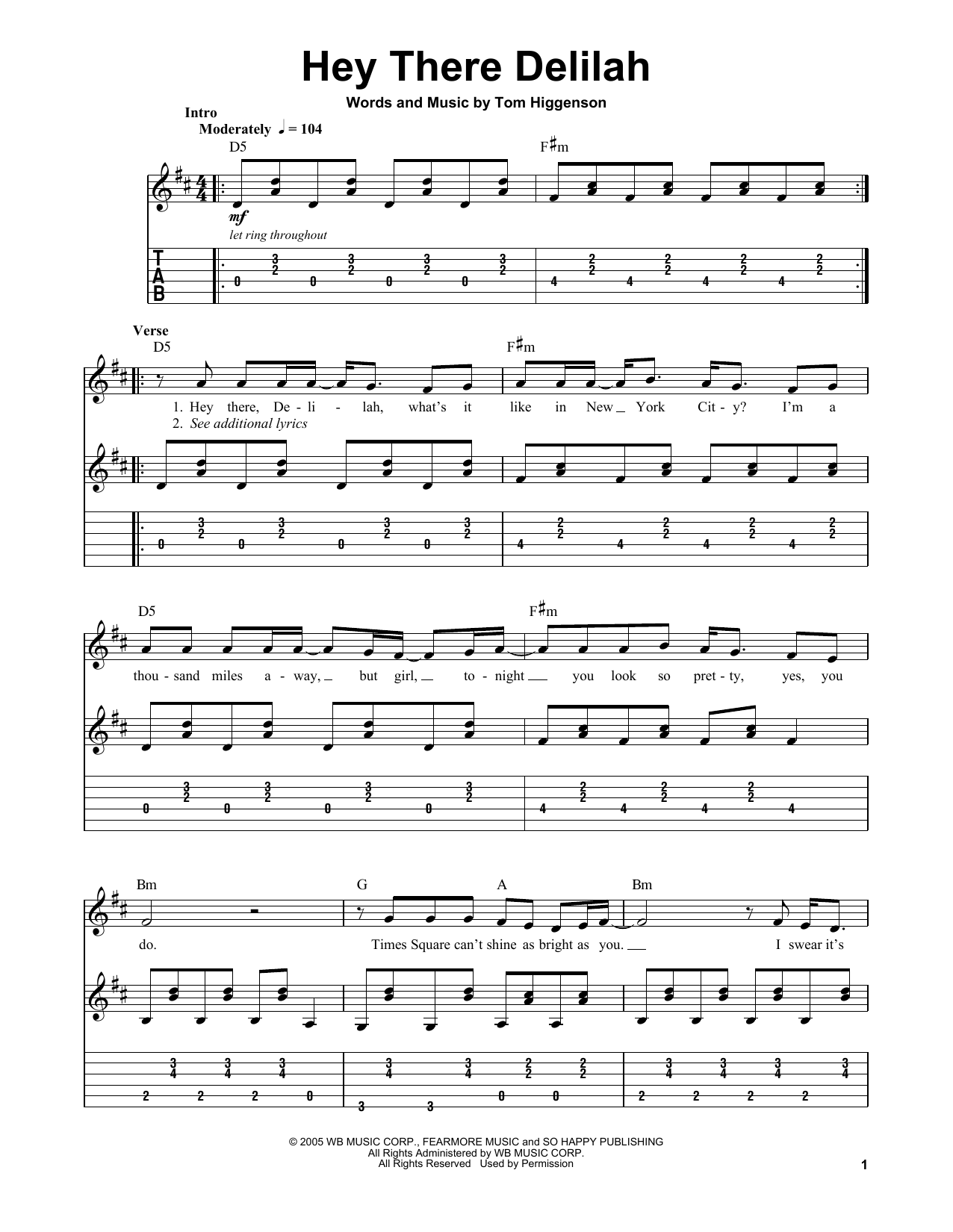 Hey There Delilah Chords Tabs