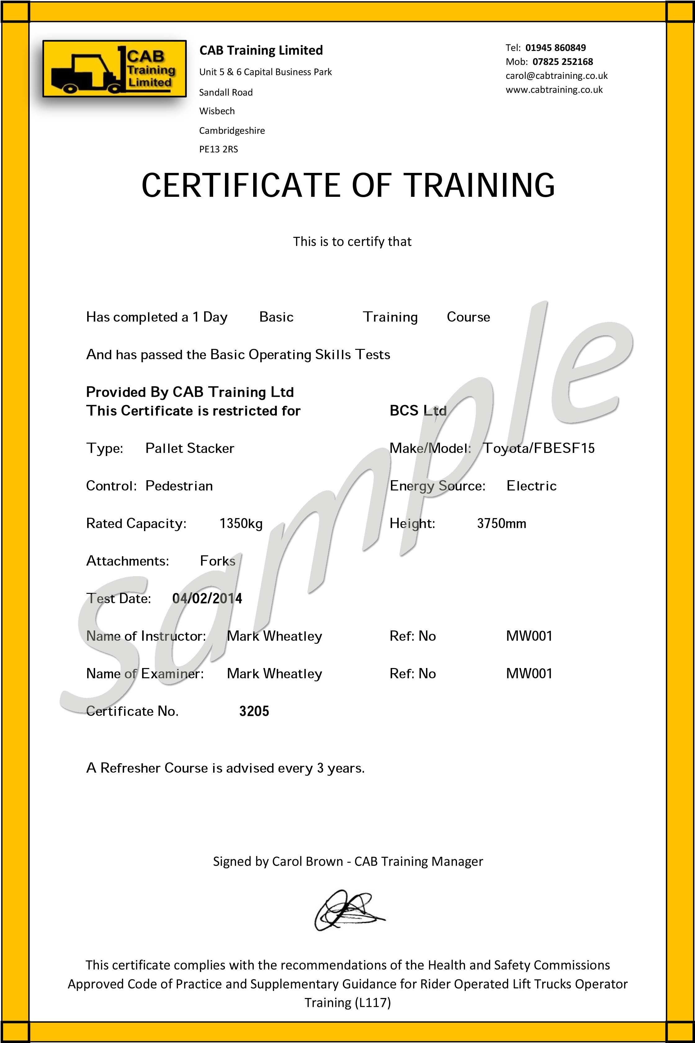 Printable Forklift Certification Card