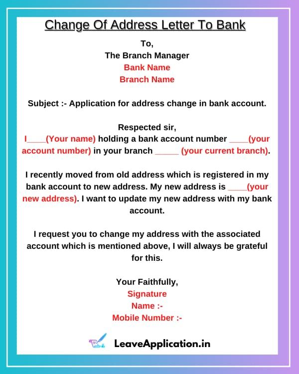 Sample Letter For Change Of Address To Bank In Word Format
