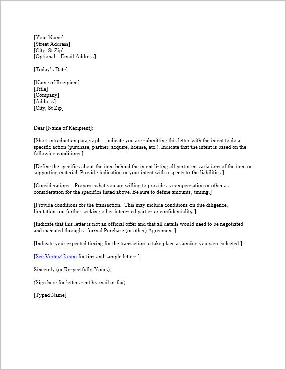 Sample Letter Of Intent Business Proposal